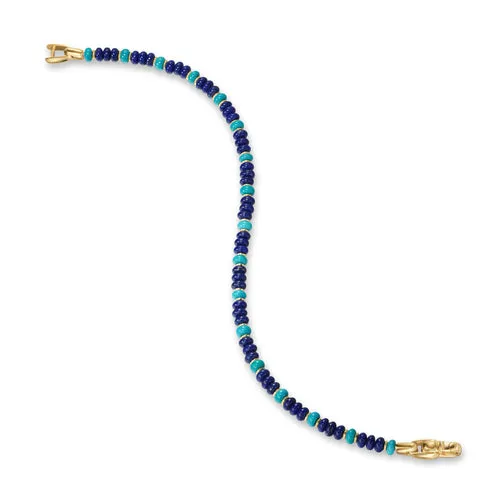 Spiritual Beads Bracelet in 18K Yellow Gold with Lapis and Turquoise, Size Medium