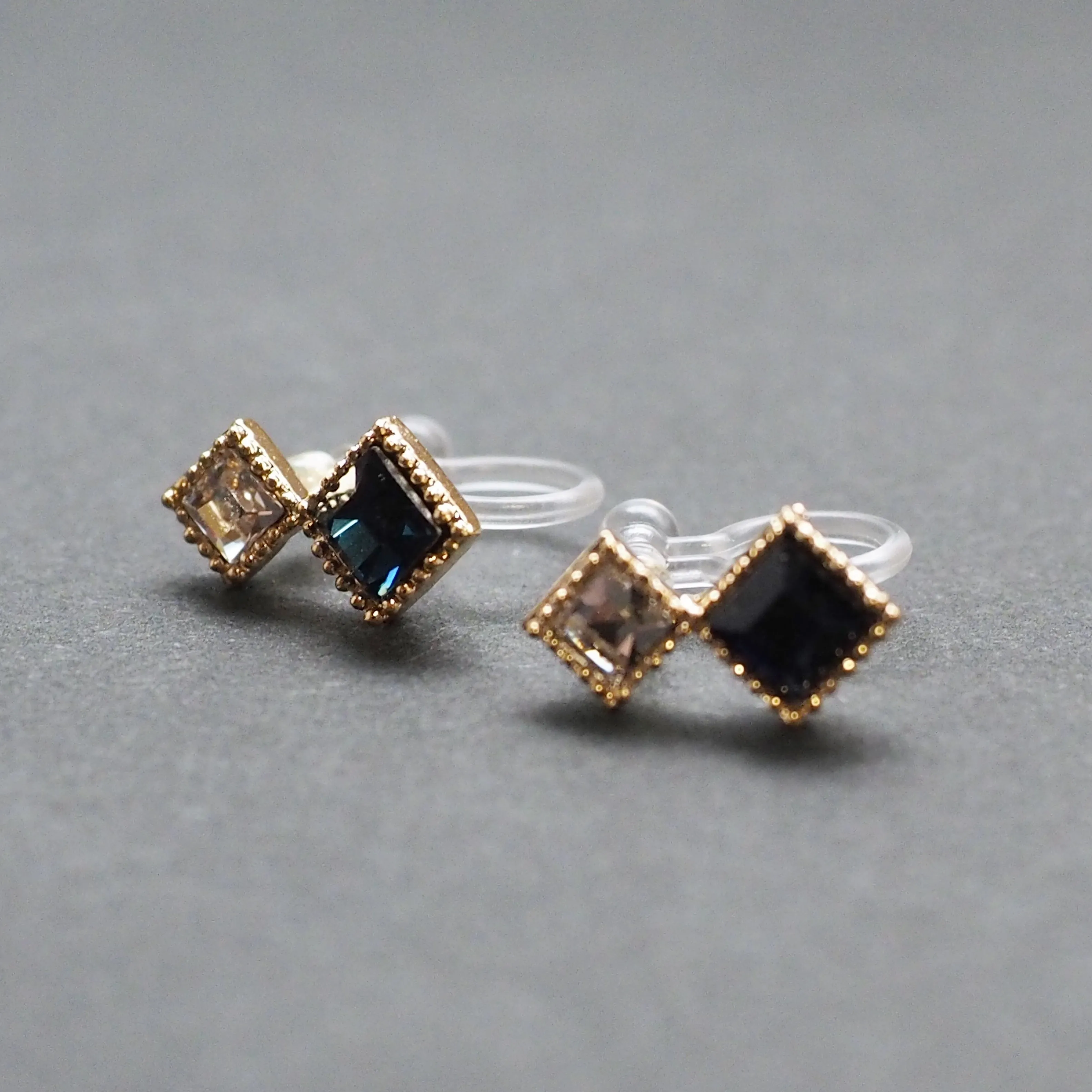 Square Navy Blue & Clear Swarovski Crystal Invisible Clip On Stud Earrings