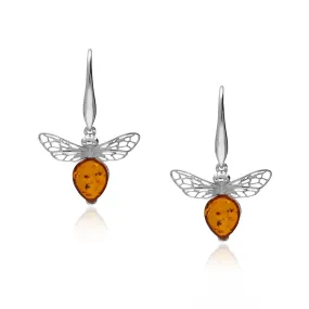 Sterling Silver Amber Bee Drop Earrings