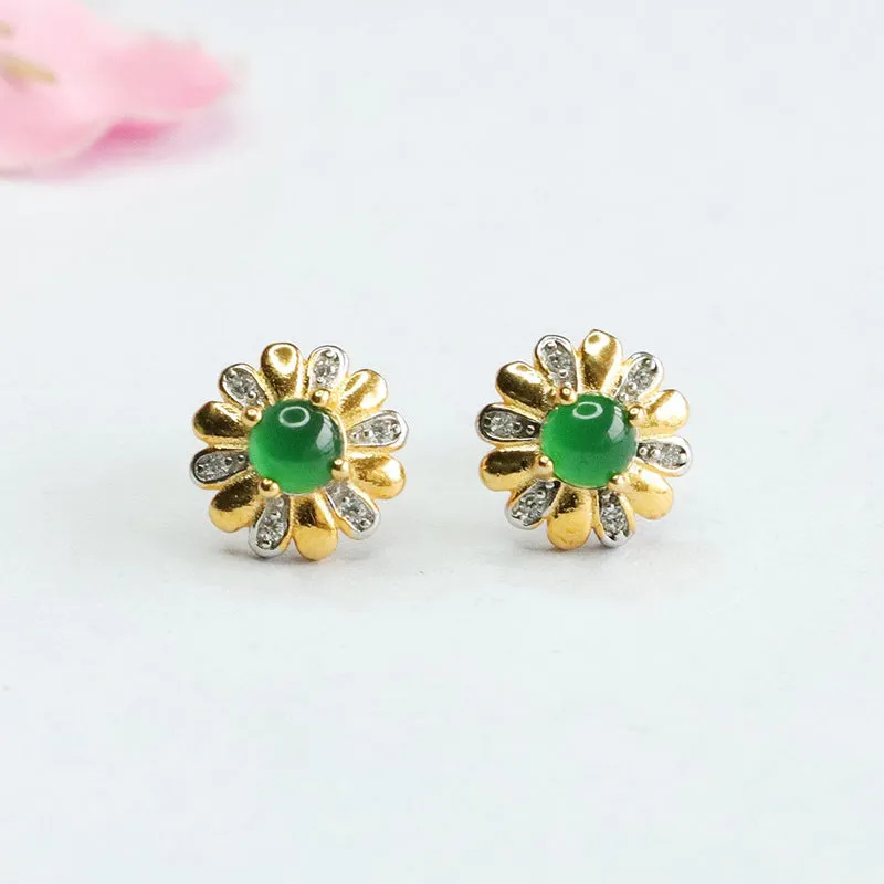 Sterling Silver Jade Flower Stud Earrings