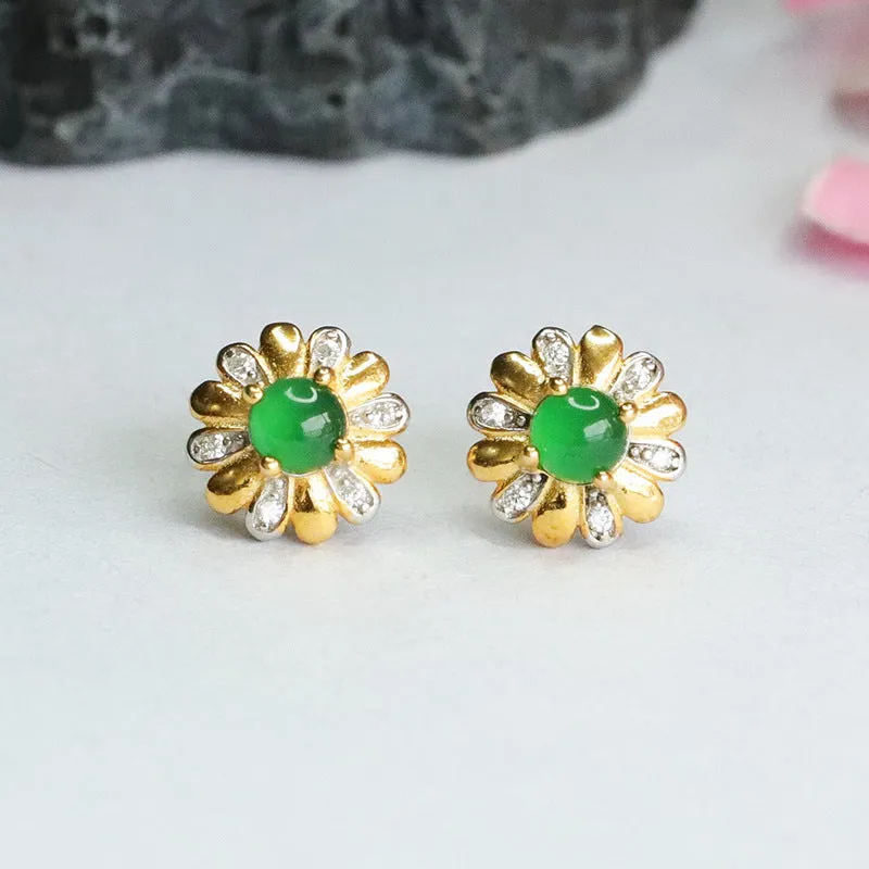 Sterling Silver Jade Flower Stud Earrings