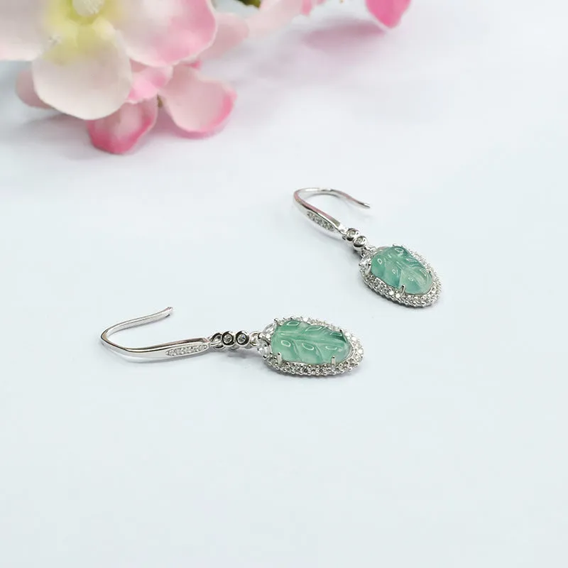 Sterling Silver Natural Ice Green Jade Leaf Earrings