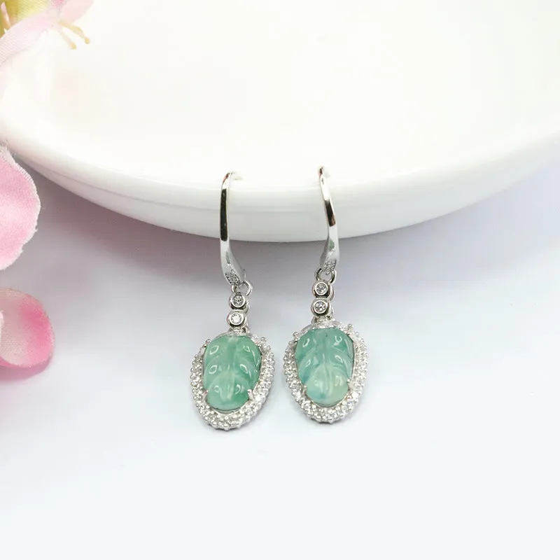 Sterling Silver Natural Ice Green Jade Leaf Earrings