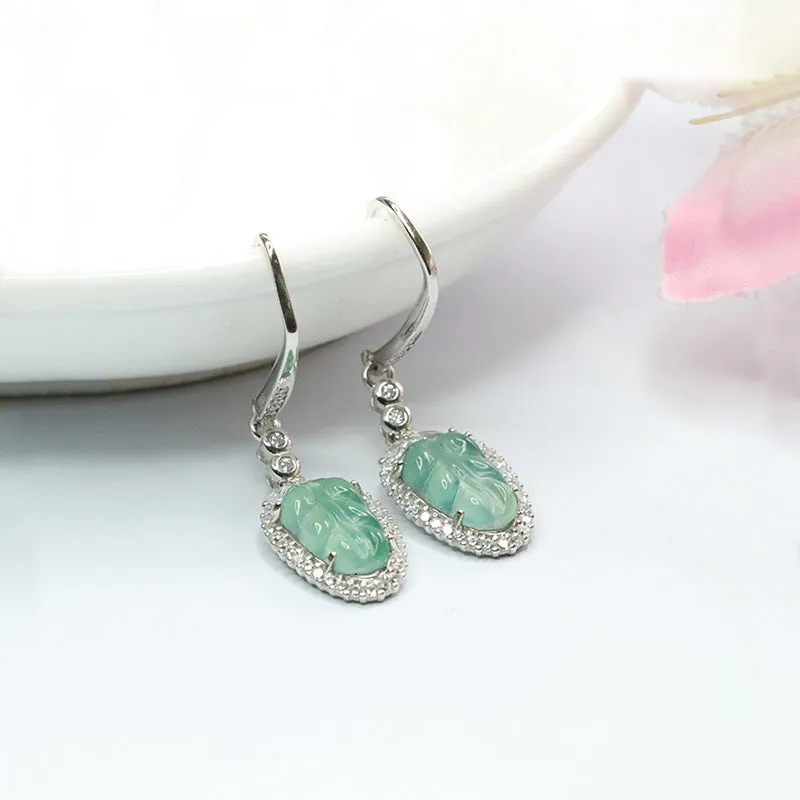 Sterling Silver Natural Ice Green Jade Leaf Earrings