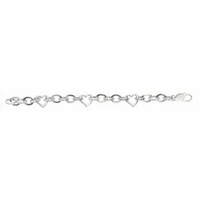 Sterling Silver Oval Link And Hearts Women's Bracelet, 7.5"