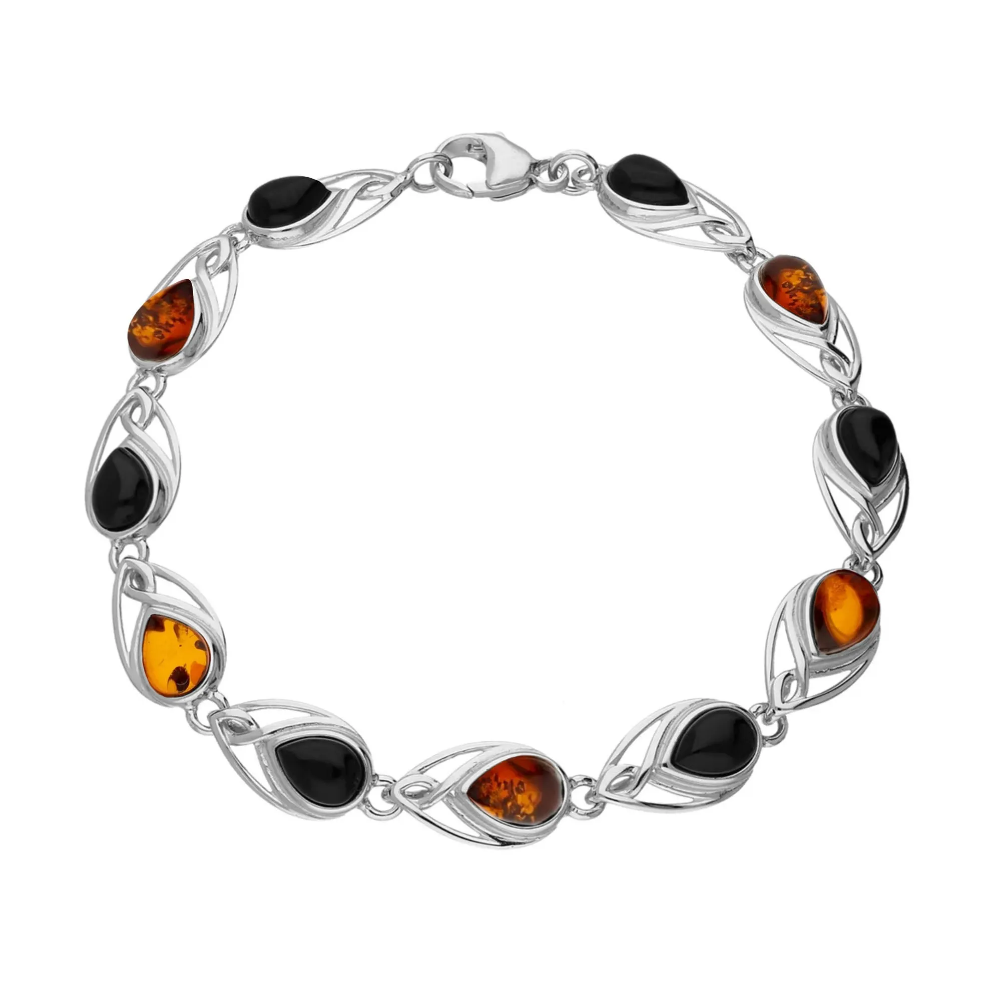 Sterling Silver Whitby Jet And Amber Celtic Pear Bracelet