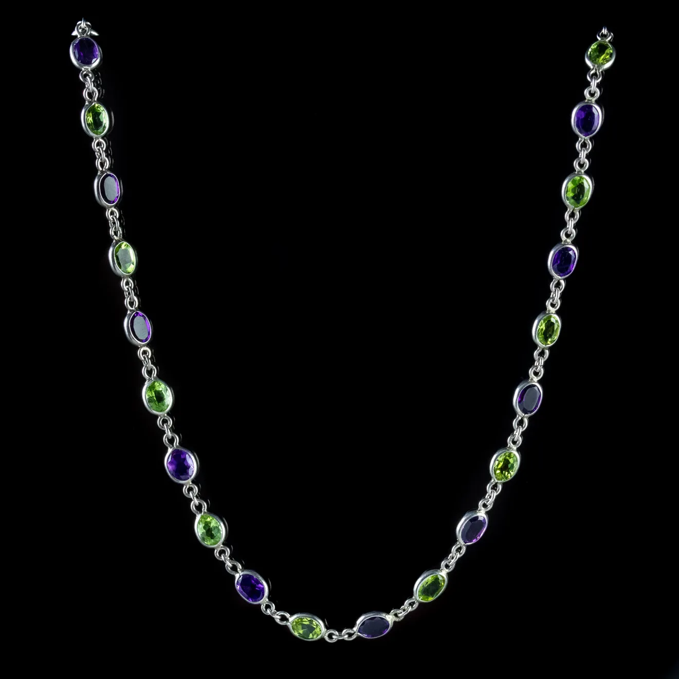 Suffragette Amethyst Peridot Chain 9Ct White Gold Link Necklace