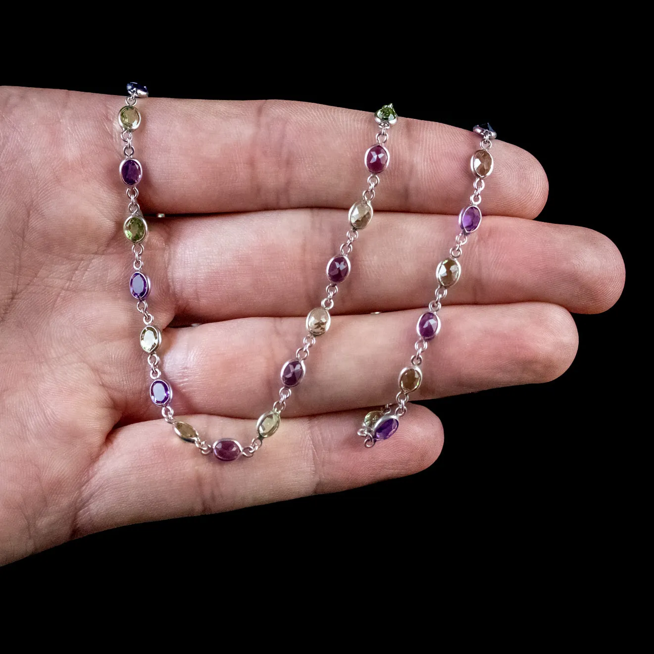 Suffragette Amethyst Peridot Chain 9Ct White Gold Link Necklace