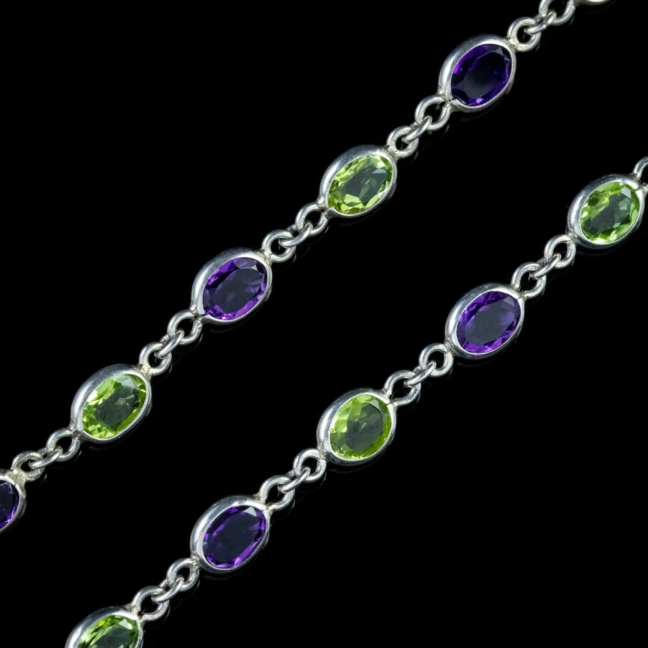 Suffragette Amethyst Peridot Chain 9Ct White Gold Link Necklace