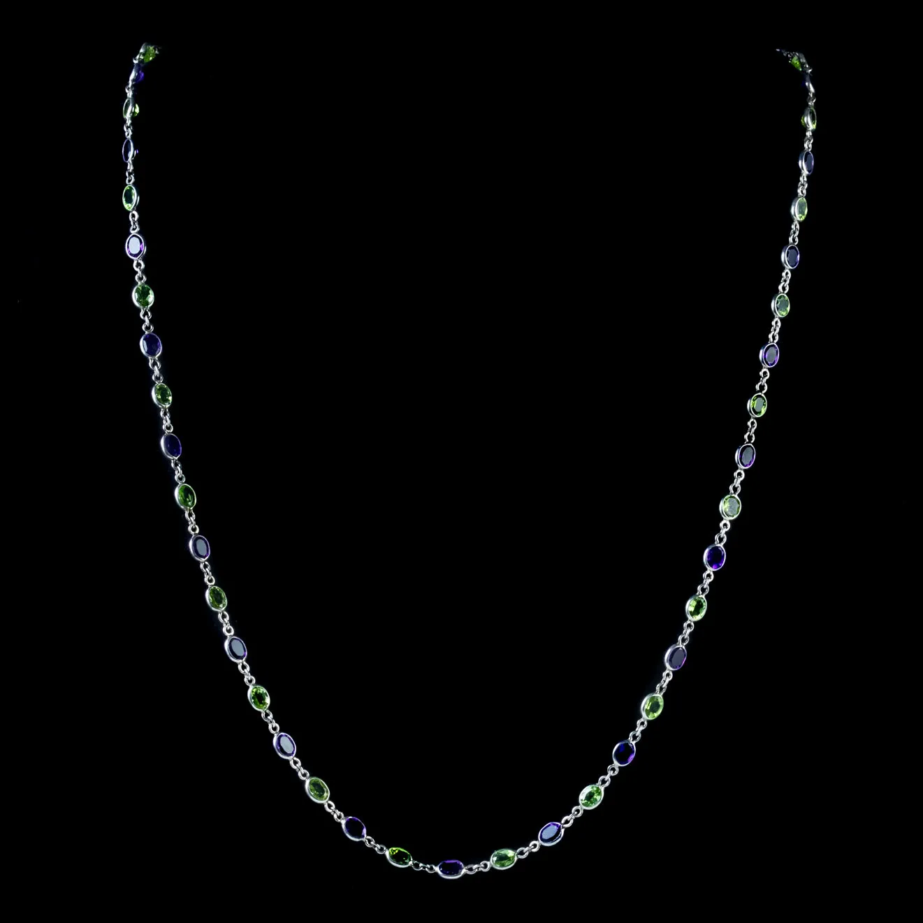 Suffragette Amethyst Peridot Chain 9Ct White Gold Link Necklace