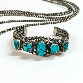 Tom Shirley | Navajo Handmade Sterling Silver Cuff with Five Turquoise Stones