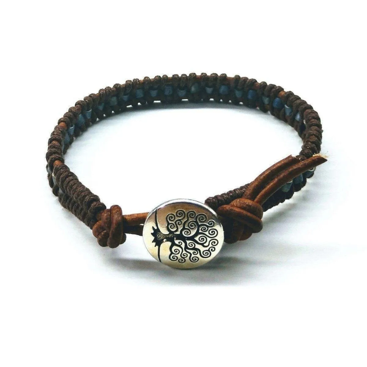 Tree of Life Button Brown Gray Leather Wrap Seed Bead Bracelet