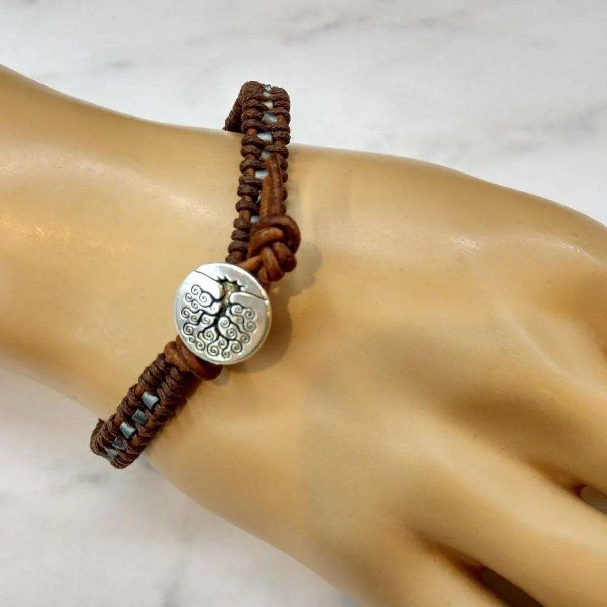 Tree of Life Button Brown Gray Leather Wrap Seed Bead Bracelet