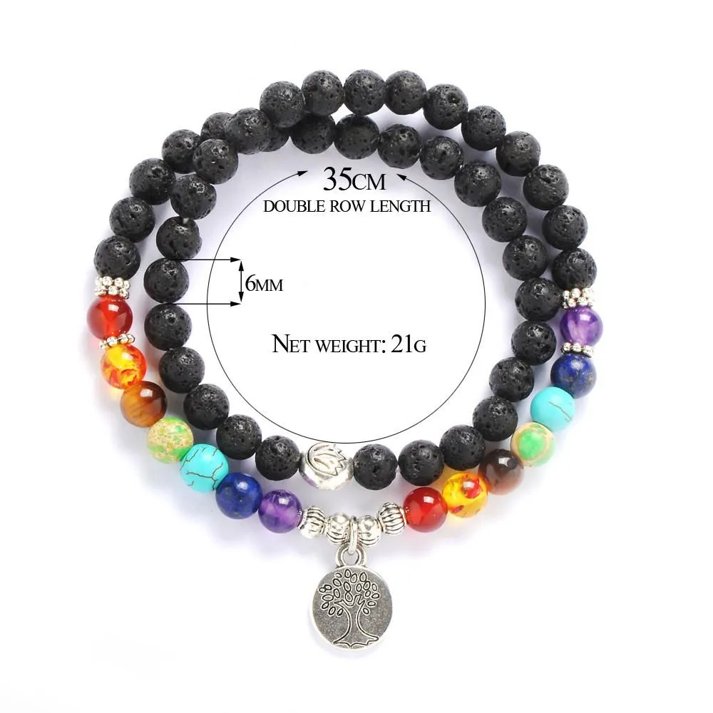 Tree of Life Chakra Lava Stone Beads Double Row Length Bracelet