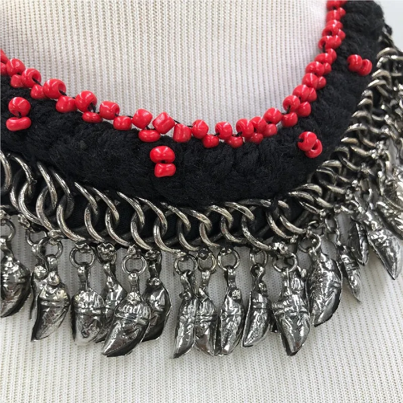 Tribal Choker With Red Beads and Dangling Leaf