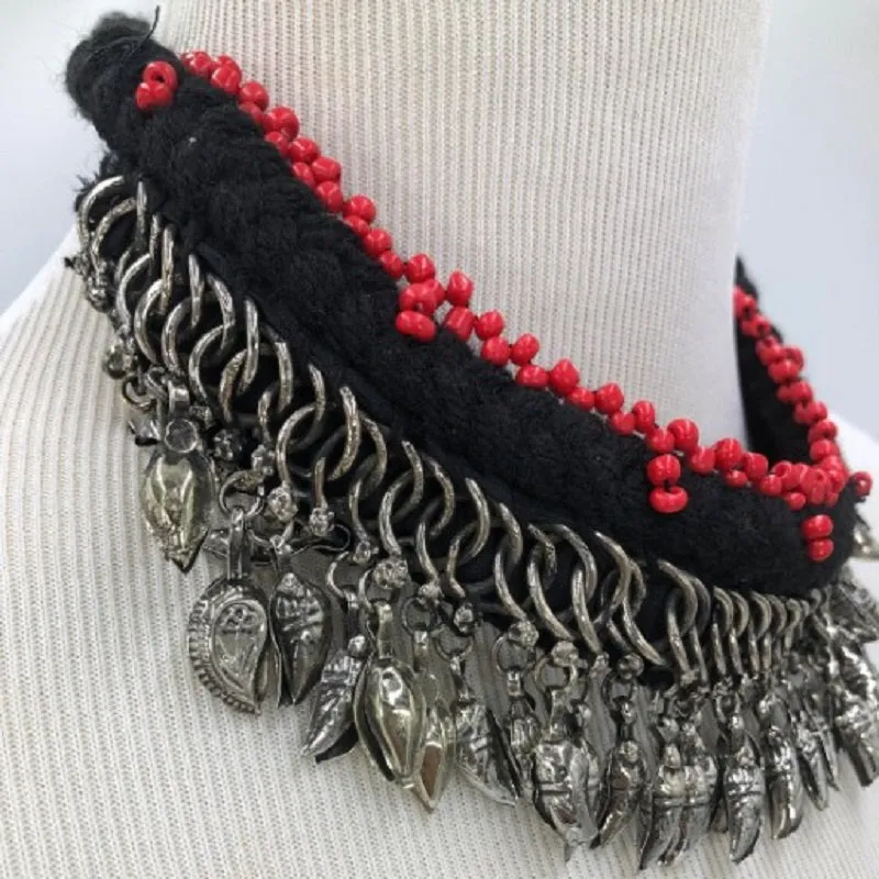 Tribal Choker With Red Beads and Dangling Leaf