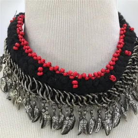 Tribal Choker With Red Beads and Dangling Leaf