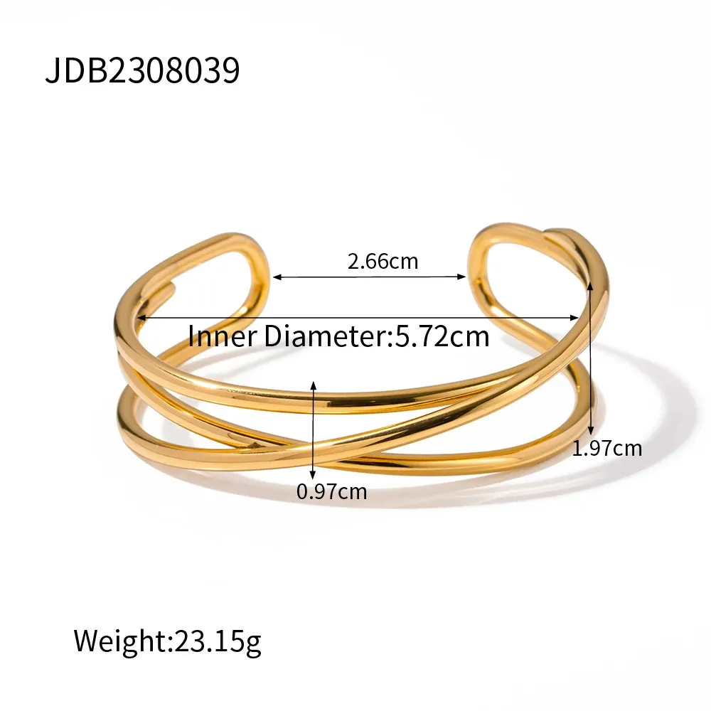 VAIGE Glossy Thin Cuff Bracelet in 18K Gold Plated Stainless Steel with Interlaced Design - Trendy Charm Jewelry Gift