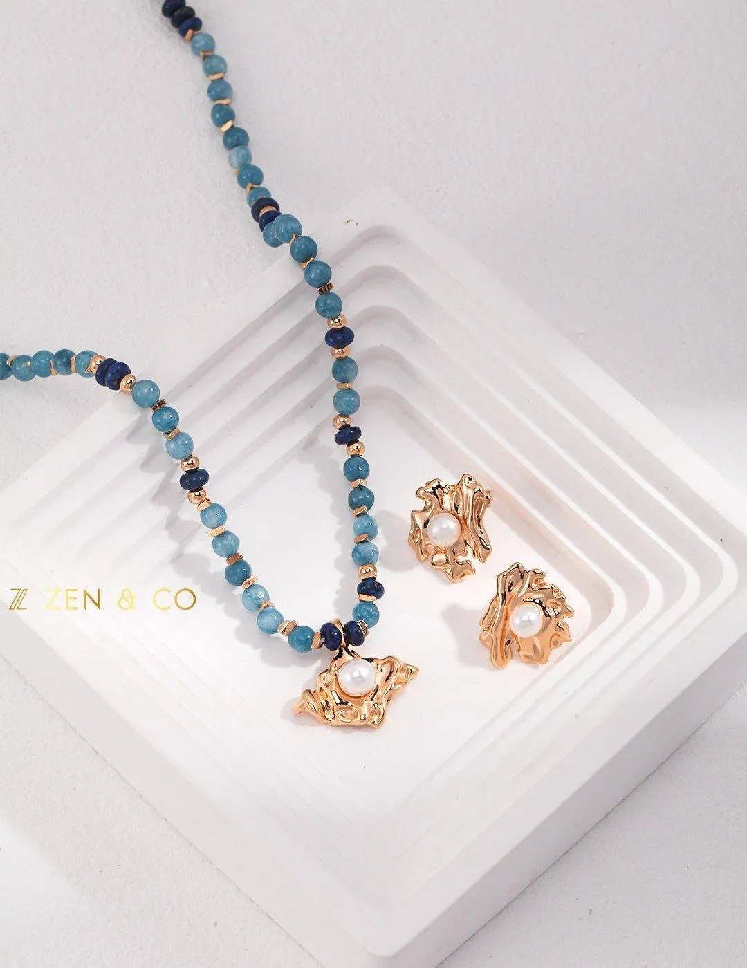 VANDANA Bohemian jewelry set Amazonite and lapis lazuli stone beaded necklace and pearl stud earrings