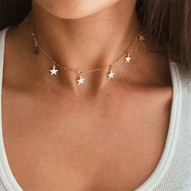 VenusFox fashion Women Simple Gold Stainless Steel Star Butterfly Dragonfly Round Tassels Non-fading Party Necklace Neck Chains Choker