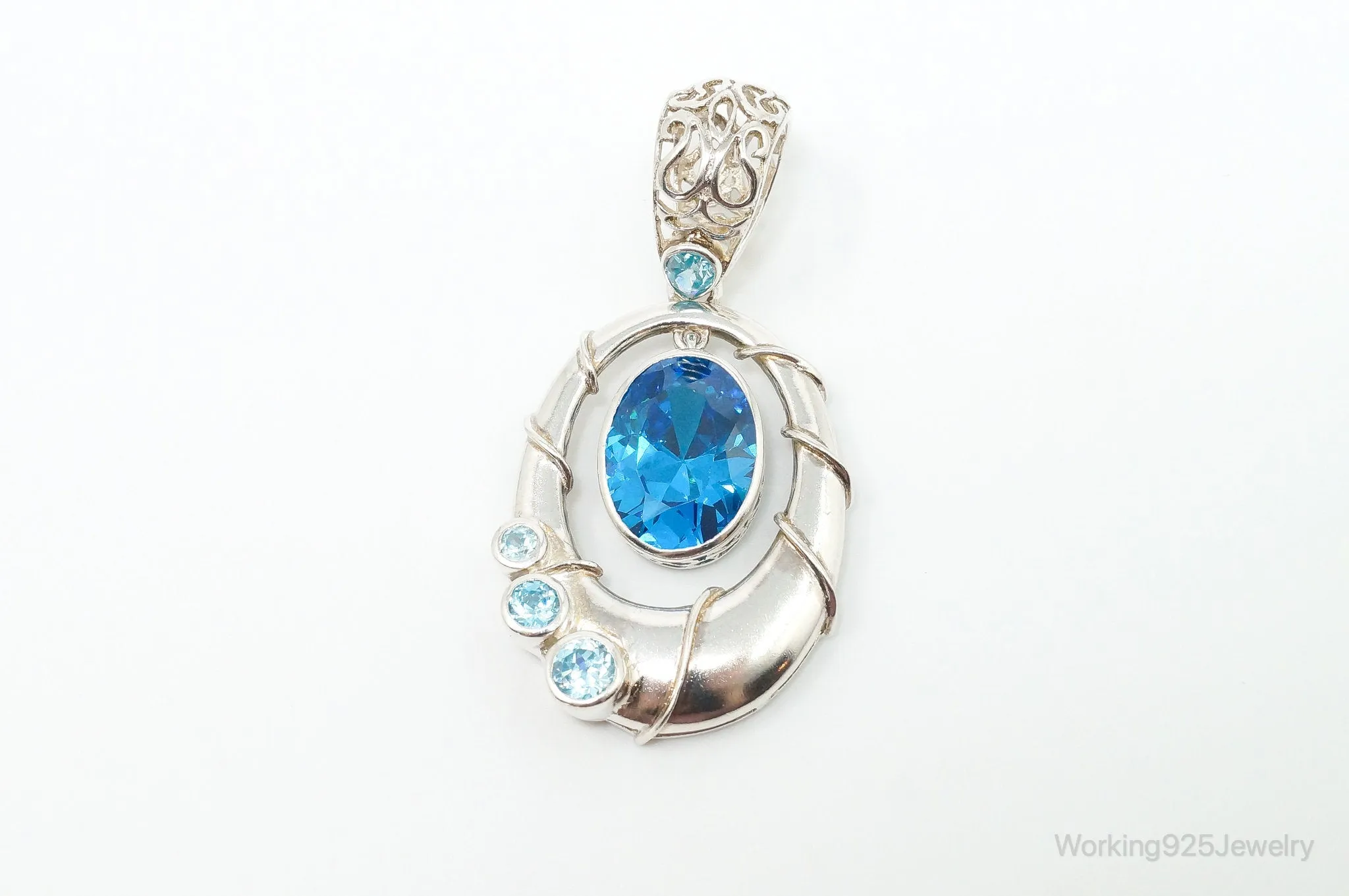 Vintage Art Deco Large Blue Topaz Sterling Silver Pendant