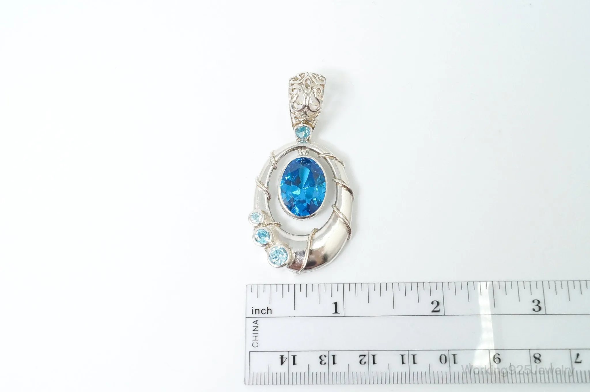 Vintage Art Deco Large Blue Topaz Sterling Silver Pendant