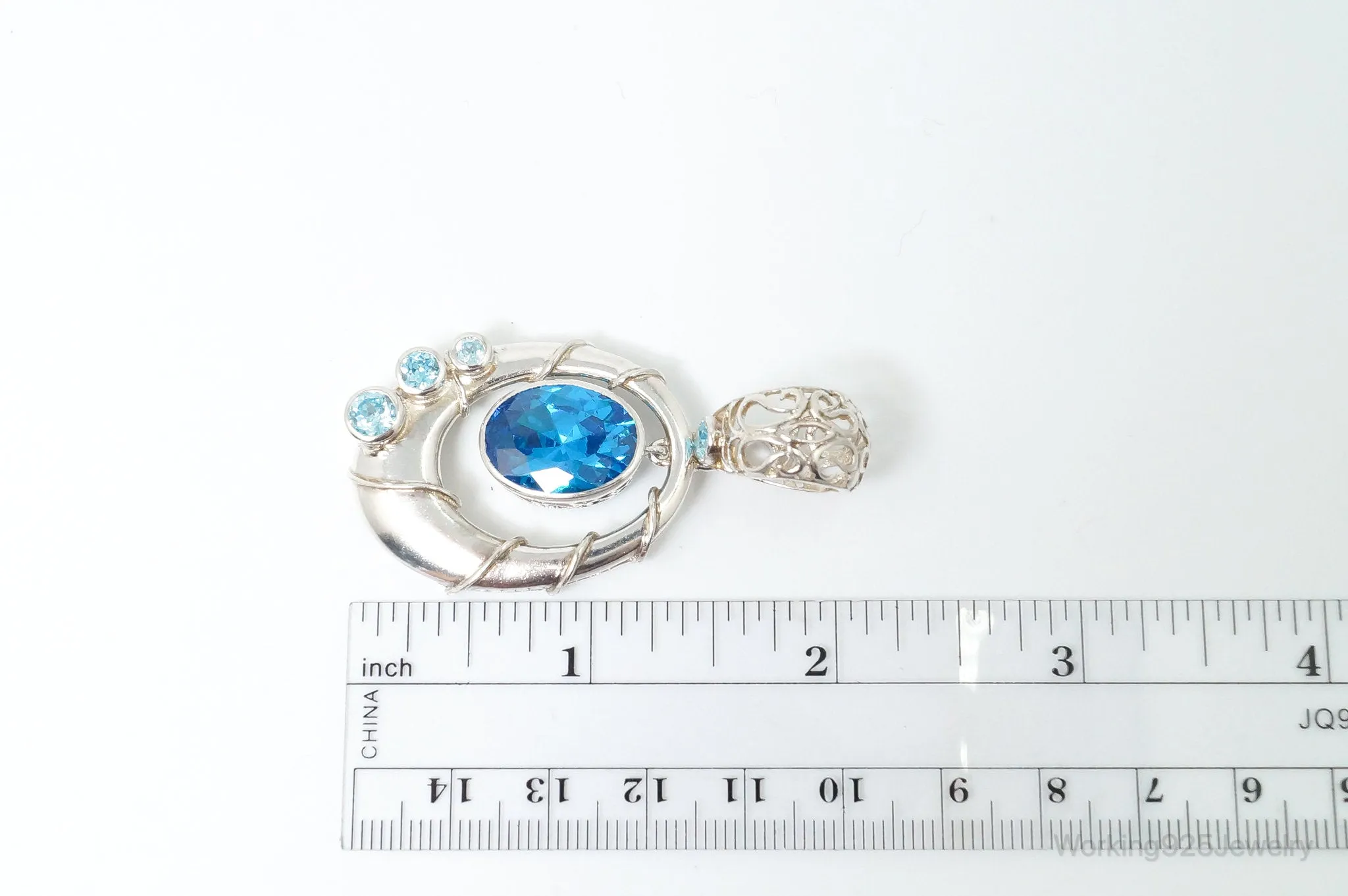 Vintage Art Deco Large Blue Topaz Sterling Silver Pendant