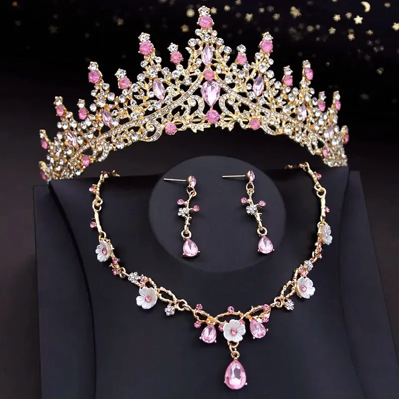 Vintage Crown Jewelry Set for Women Tiaras Choker Necklace Earring Jewelry Set