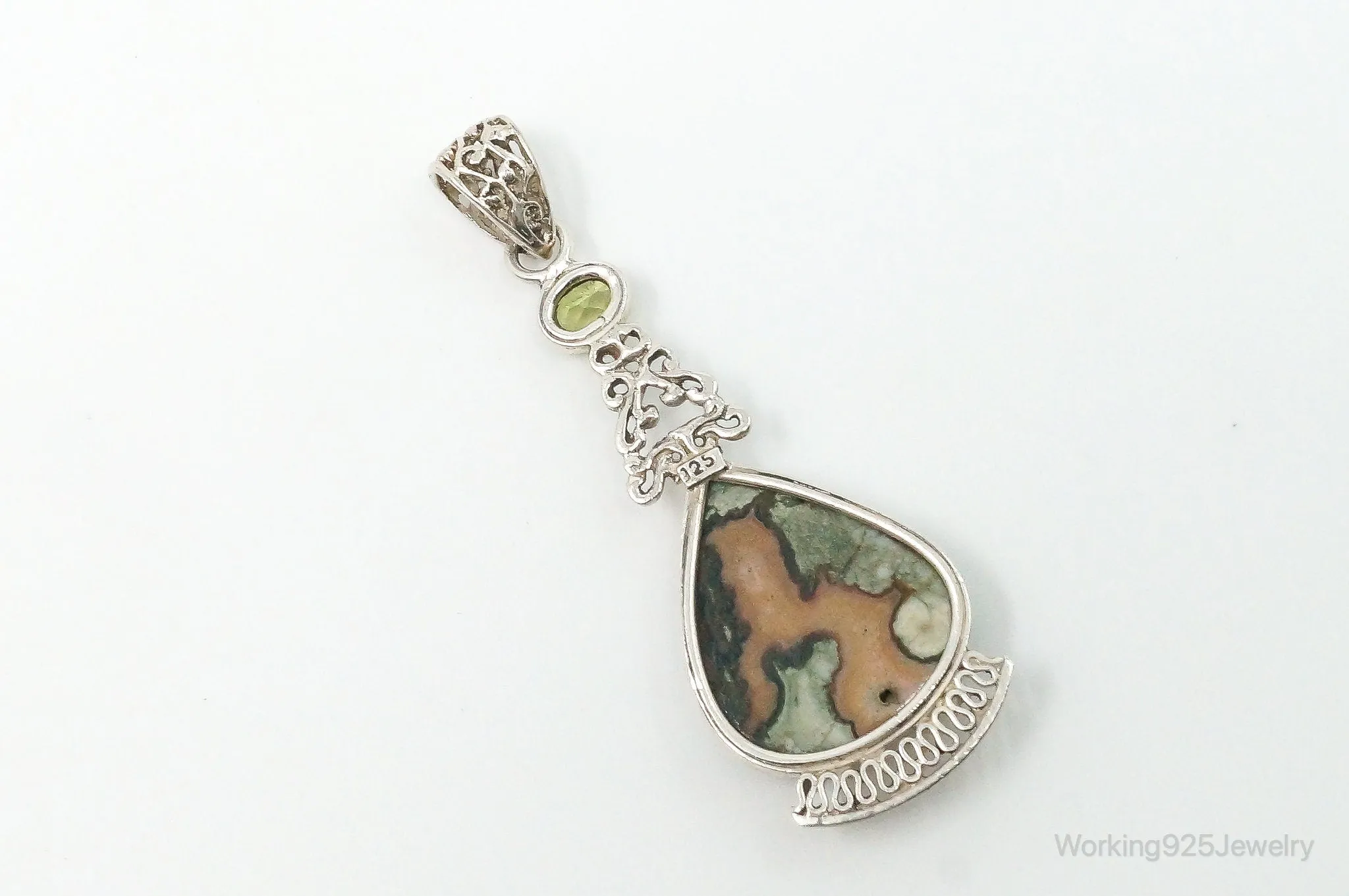 Vintage Large Jasper Peridot Sterling Silver Necklace Pendant