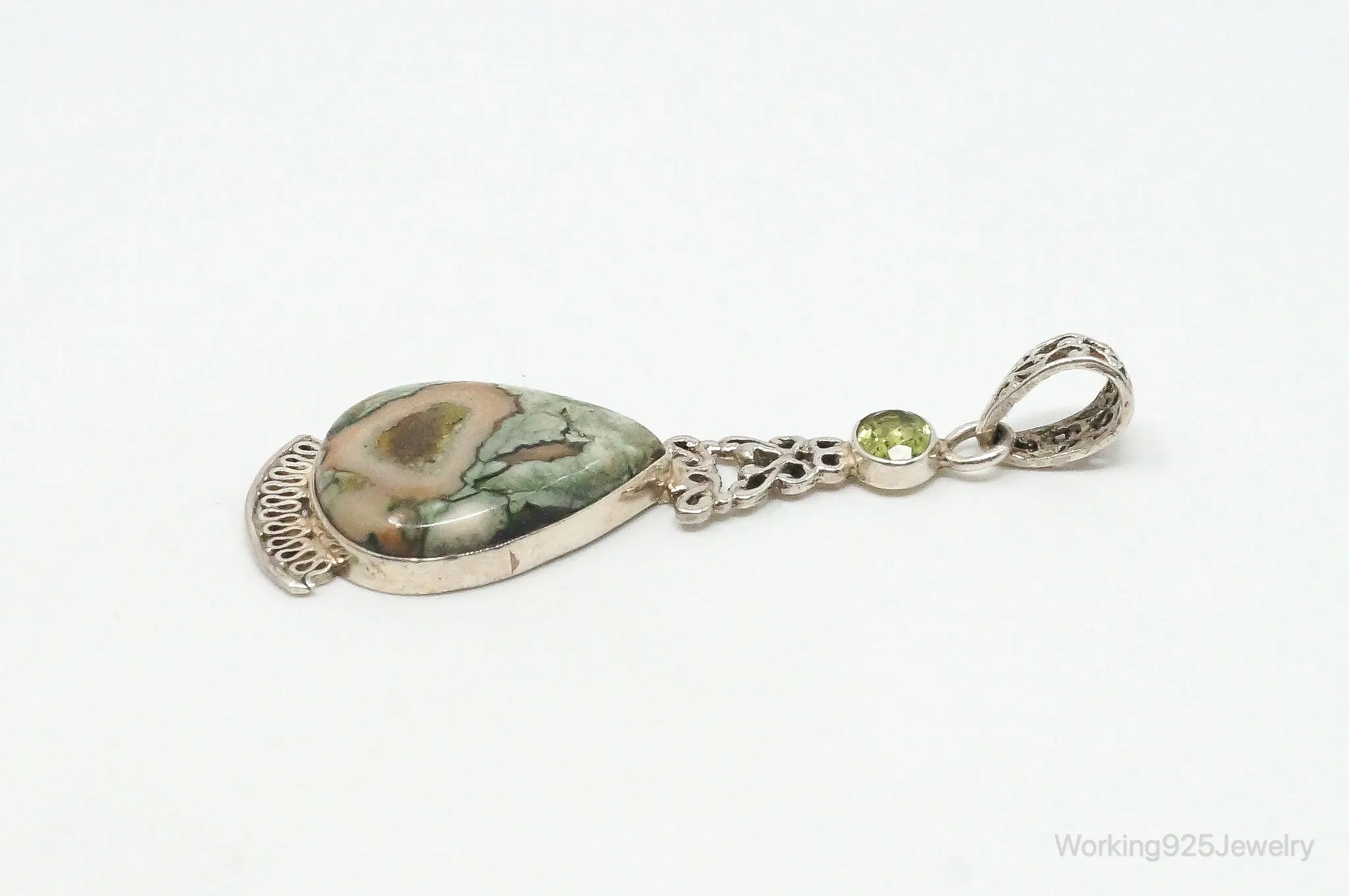 Vintage Large Jasper Peridot Sterling Silver Necklace Pendant