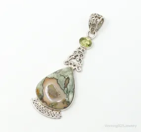 Vintage Large Jasper Peridot Sterling Silver Necklace Pendant