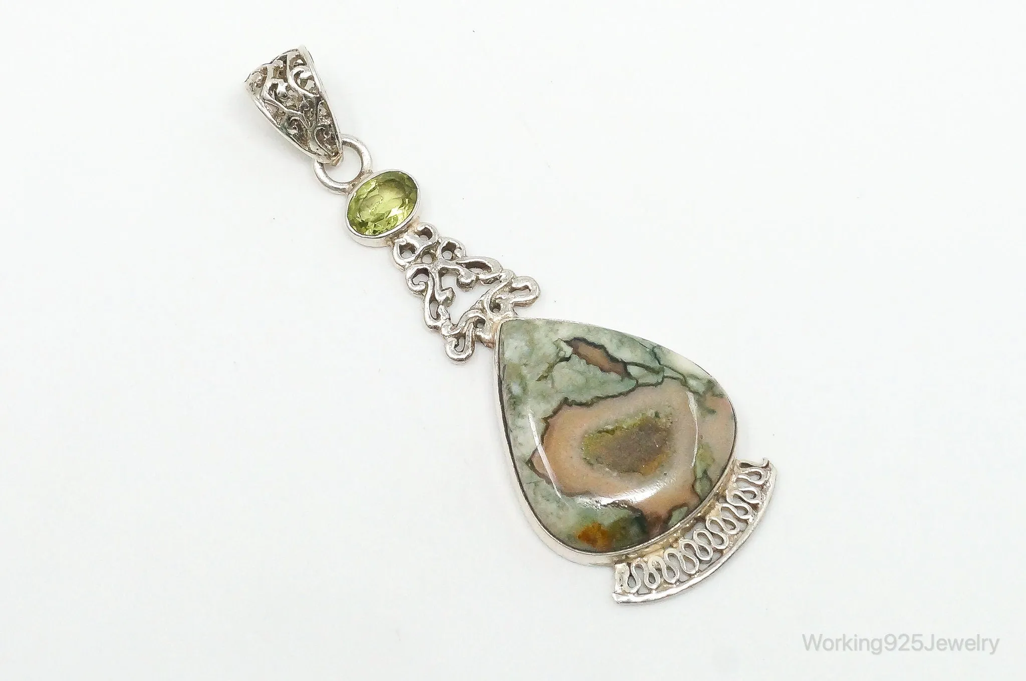 Vintage Large Jasper Peridot Sterling Silver Necklace Pendant