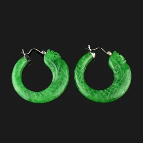 Vintage Silver Carved Fish Jade Hoop Earrings