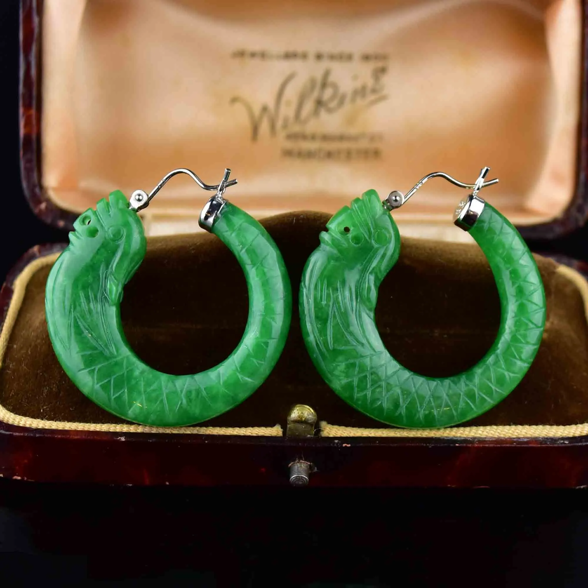 Vintage Silver Carved Fish Jade Hoop Earrings