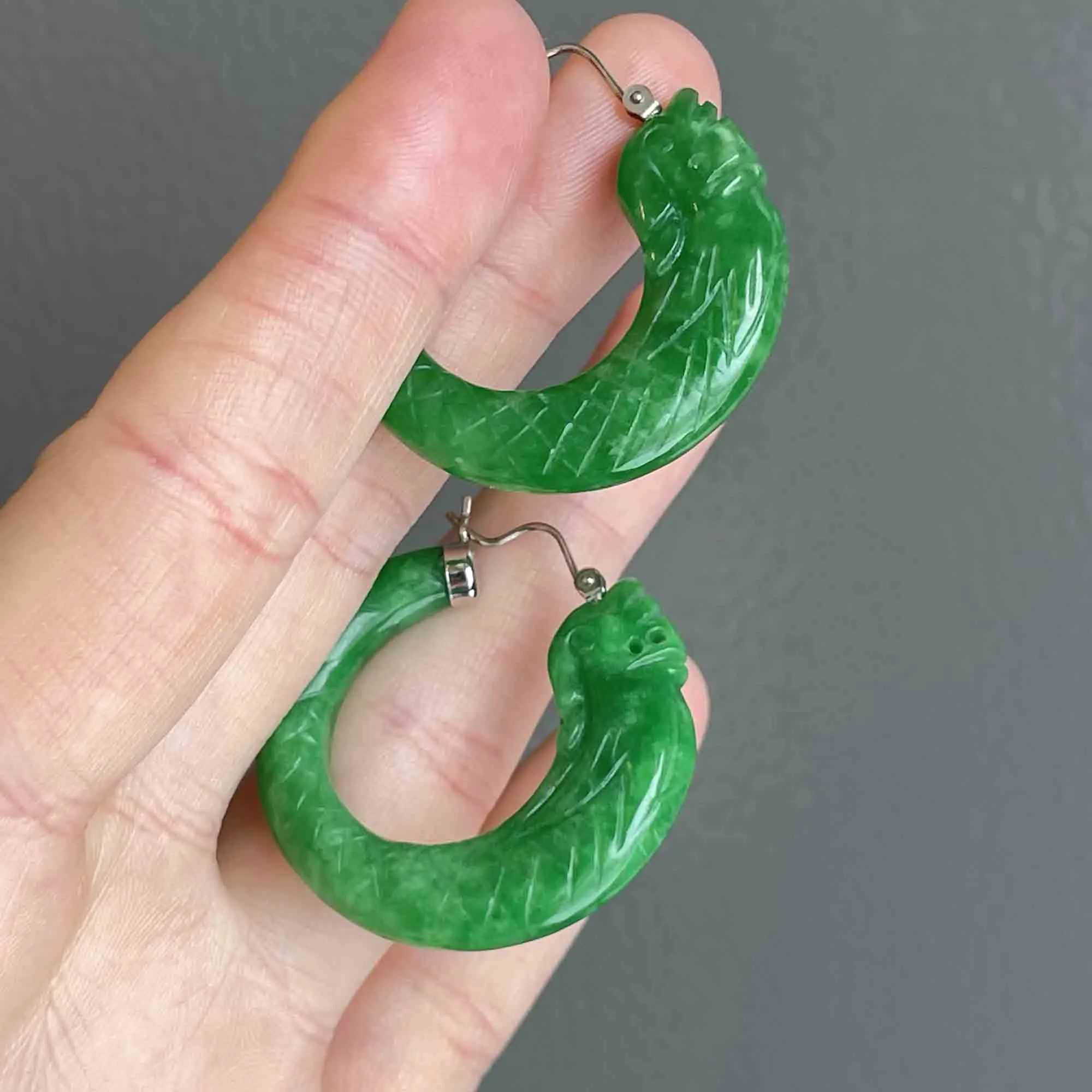 Vintage Silver Carved Fish Jade Hoop Earrings