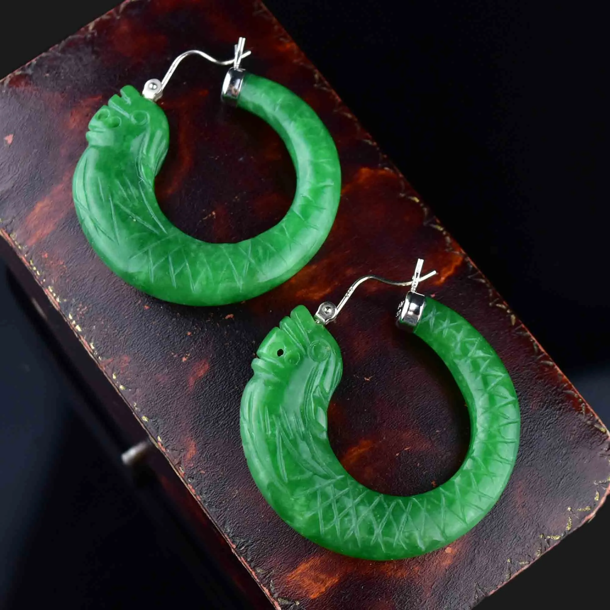 Vintage Silver Carved Fish Jade Hoop Earrings