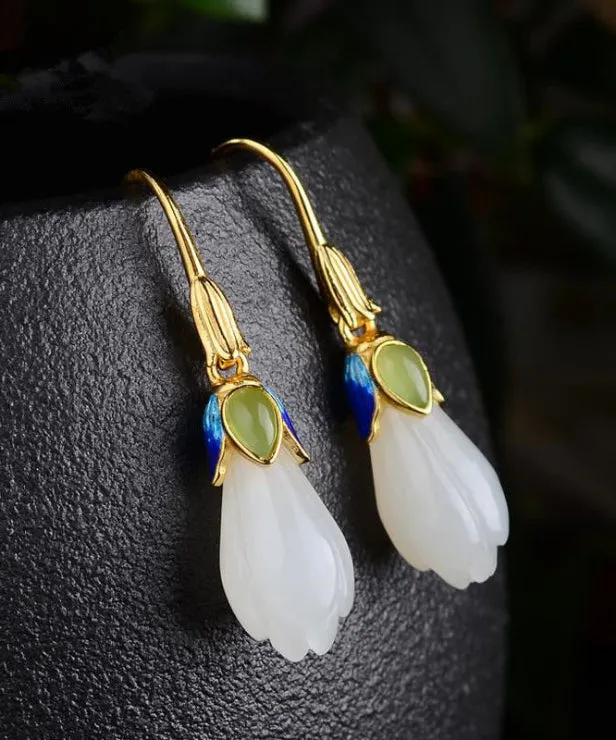 Vintage White Paitings Silver Jade Drop Earrings