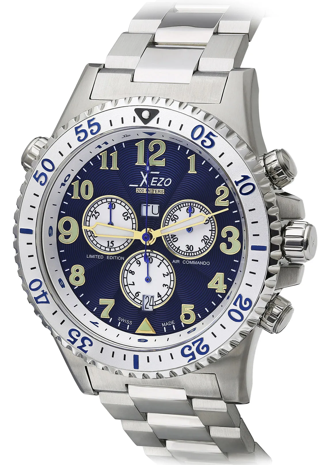 Xezo Air Commando 200-Meter Water Resistant Swiss-Made Chronograph Men's Watch With Second Time Zone (Air Commando D45-BUR)