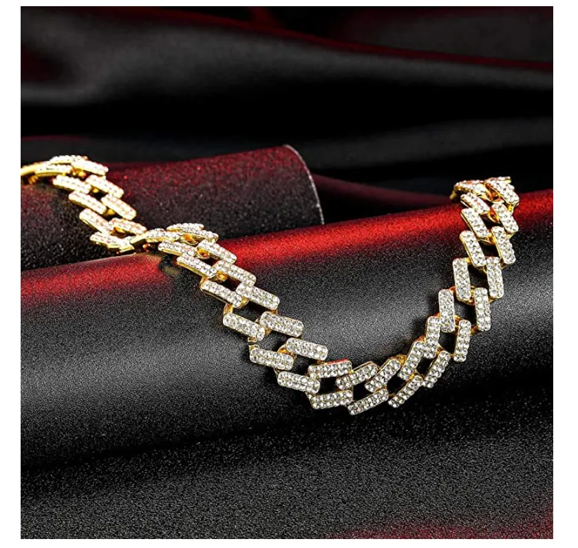 Zig Zag Cuban Link Cuban Link Chain ZigZag Necklace Bust Down Diamond Hip Hop Gold Silver Color Metal Alloy